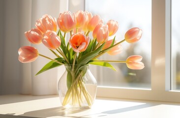 some tulips are sitting on a table in a vase with sunlight,