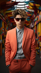 Fototapeta premium Guy in a casual coral suit and grey shirt stands in an alley with vibrant, cheerful-colored walls, exuding youthful style.