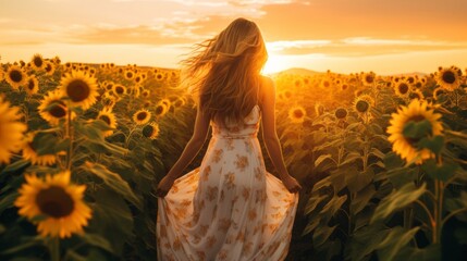 sunset stroll through blooming sunflowers: woman's back view in a picturesque field - obrazy, fototapety, plakaty