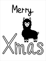 Christmas doodle with cute alpaca, vector illustration in hand lettering style on white background.