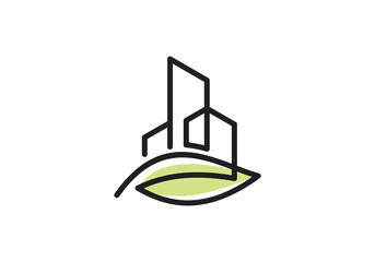 leaf tree building tower logo design. simple modern line symbol vector	
