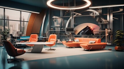 Modern Office Interior with Orange Furniture and Blue Walls Overlooking City