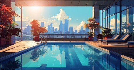 there is a pool in front of buildings in a room,