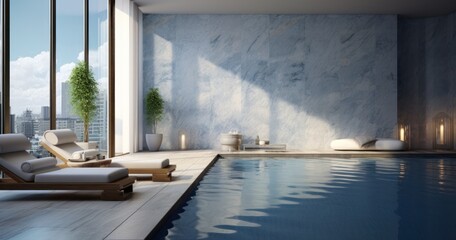 there is a pool in front of buildings in a room, - obrazy, fototapety, plakaty