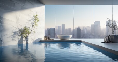 there is a pool in front of buildings in a room