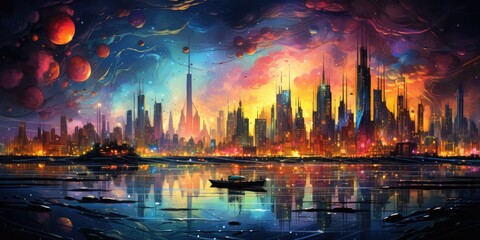 An abstract painting with a city skyline