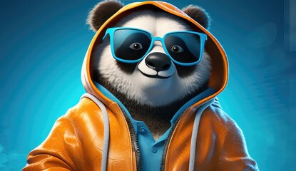 Panda bear in an orange hoodie wearing sunglasses. 