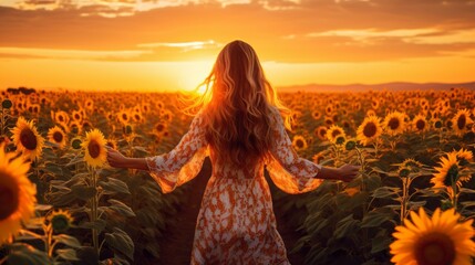 sunset stroll through blooming sunflowers: woman's back view in a picturesque field - obrazy, fototapety, plakaty