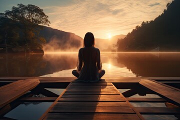 Woman sitting on a lake dock at sunrise to meditate - obrazy, fototapety, plakaty