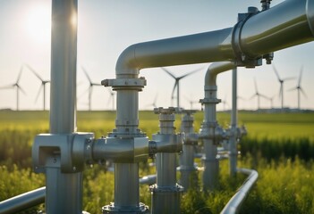 A hydrogen pipeline with wind turbines and in the background Green hydrogen production concept