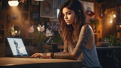 Young woman with tattoos working at a table using her laptop