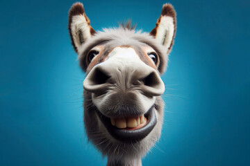 Donkey with a stupid smile closeup, wide angle gopro shot on solid blue background. ai generative - obrazy, fototapety, plakaty