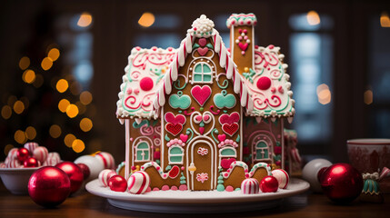 Naklejka premium Creative and Inviting Gingerbread House Decorated with Colorful Candy: A Festive Masterpiece