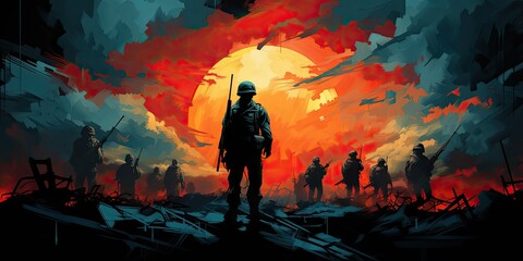 America soldiers silhouette under the full moon. - obrazy, fototapety, plakaty