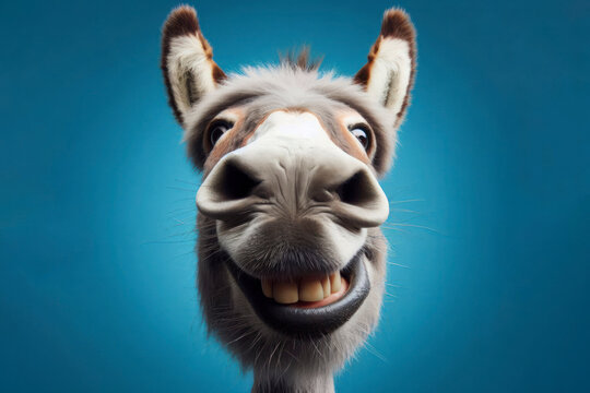 Donkey with a stupid smile closeup, wide angle gopro shot on solid blue background. ai generative