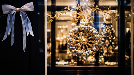 Christmas decoration details on English styled luxury high street city store door or shopping window display, holiday sale and shop decor