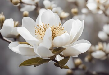 Golden white and gray flowers for wall canvas decor White magnolia flower in watercolor