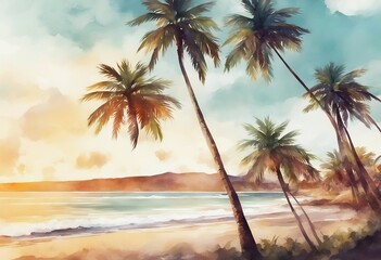 Fototapeta na wymiar Holiday summer travel vacation illustration - Watercolor painting of palms palm tree on teh beach w