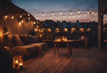 View over cozy outdoor terrace with outdoor string lights Autumn evening on the roof terrace - obrazy, fototapety, plakaty