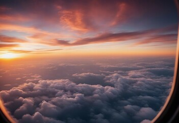 View from airplane window seat overlooking sunset horizon and clouds