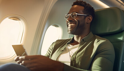 man joyfully sits in airplane