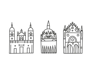 Fototapeta premium Doodle outline cathedral buildings.