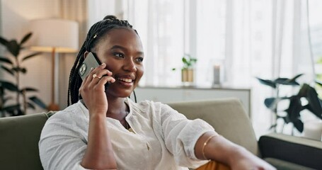 Funny, phone call and black woman on sofa, conversation or communication at home. Smartphone, talking and African person laughing, listening to story and comedy, chat or news and happy in living room - Powered by Adobe