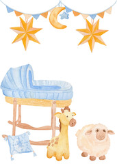 Nursery hand-painted (hand drawn) watercolor poster with clouds, stars, baby crib, and soft toys (sheep and giraffe). Perfect for branding, stickers, prints, packaging design, blogs, and websites.