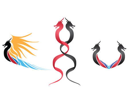 vector design of three dragon-like logo or symbol objects with abstract shapes, some with wings, some with long tails with various colors between red, blue, black and yellow