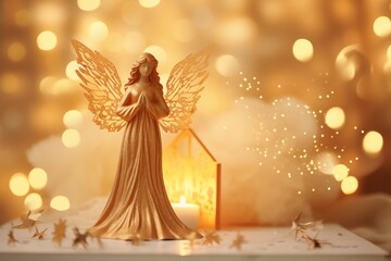 christmas card with angel figurine and lights