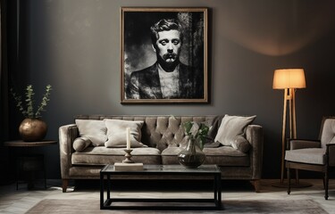 Interer home, apartment, wall painting template, poster, living room interior with sofa
