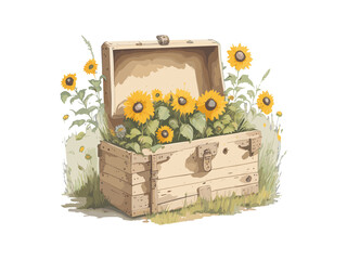 Watercolor Wooden Box  Of Flowers. Png Clipart