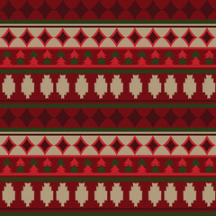 Seamless cozy pattern of abstract geometric shapes arranged in a knitted style, in Christmas festive colours of red, green, beige. Great for gift wrapping, clothing, banners, printed cards, greeting