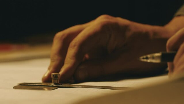 Hands of male engineer works with drawings lying sketch on steel table in dark workshop, using a pen. Drawing indoors on new product prototype. Close up, 4K