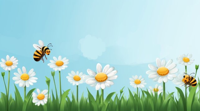 charming cartoon scene: daisy flower and bee in vibrant vector illustration, perfect for adorable wall art decor