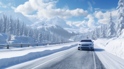 Fototapeta na wymiar a car speeding along a snow-covered road, surrounded by a breathtaking winter landscape, a sense of movement and adventure with a focus on the snowy mountains and dense forest.