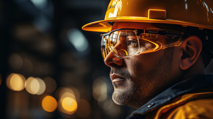 Closeup: Construction worker in safety gear - obrazy, fototapety, plakaty