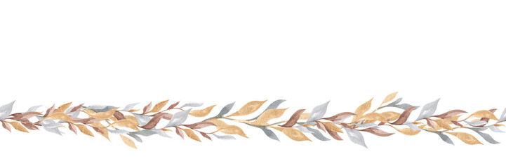 Three beige , grey and brown abstract plants horizontal seamless pattern background set with abstract fun leaves and branches. Nursery border hand drawn isolated on white background.