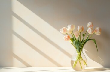 tulips in a clear glass vase with shadow coming off of a wall,