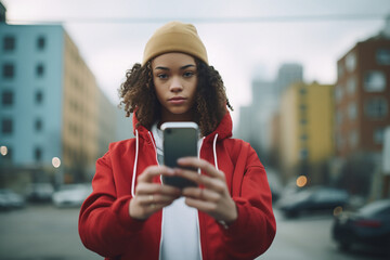 A teenage girl with curly hair and a red hoodie holds her phone in her hand, with a defiant and nonconformist look. No more Digital Harassment on social media - obrazy, fototapety, plakaty