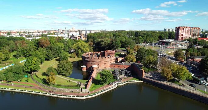 Aerial view, Buildings of the Amber Museum in Kaliningrad. Famous Tower of the Don in a fortification in the center of Kaliningrad, drone view. Landmark of Kaliningrad, Russia