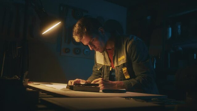 A metallurgical industry worker works on a prototype drawing on a steel table in a dark workshop with full equipment. Engineer working indoors on new product prototype in metal manufactory. 4K