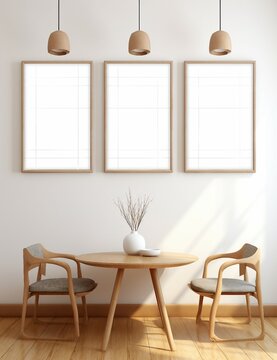 Interer home, apartment, wall painting template, poster, room with table and chairs