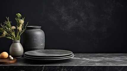 an empty grey marble tabletop set against a dark black cement stone background, creating a rustic mood and tone, the luxury background suitable for product displays.