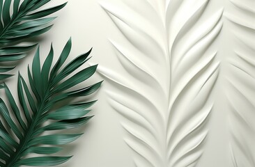 two green palm leaves against a background of white palm,
