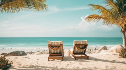 two lounge chairs on a beach surrounded by palm trees,