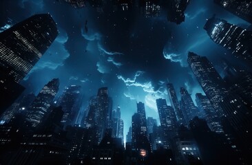 Naklejka premium view from below of the blue and white city skyline at night