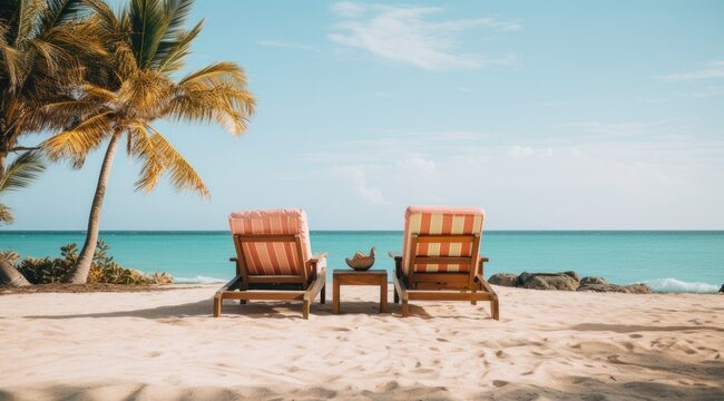 two lounge chairs on a beach surrounded by palm trees,