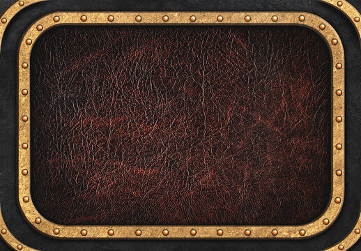 steampunk style leather plaque in brass frame with rivets on lea