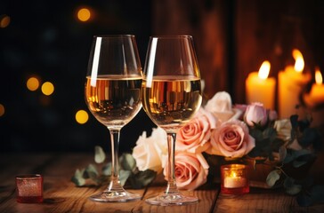 wine glasses with rose and candle on the table,